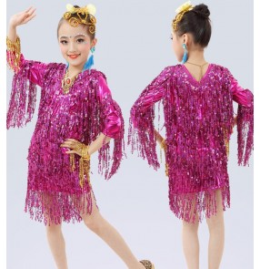 Hot pink fuchsia sequins paillette v neck girls kids children performance  school play latin salsa cha cha dance dresses